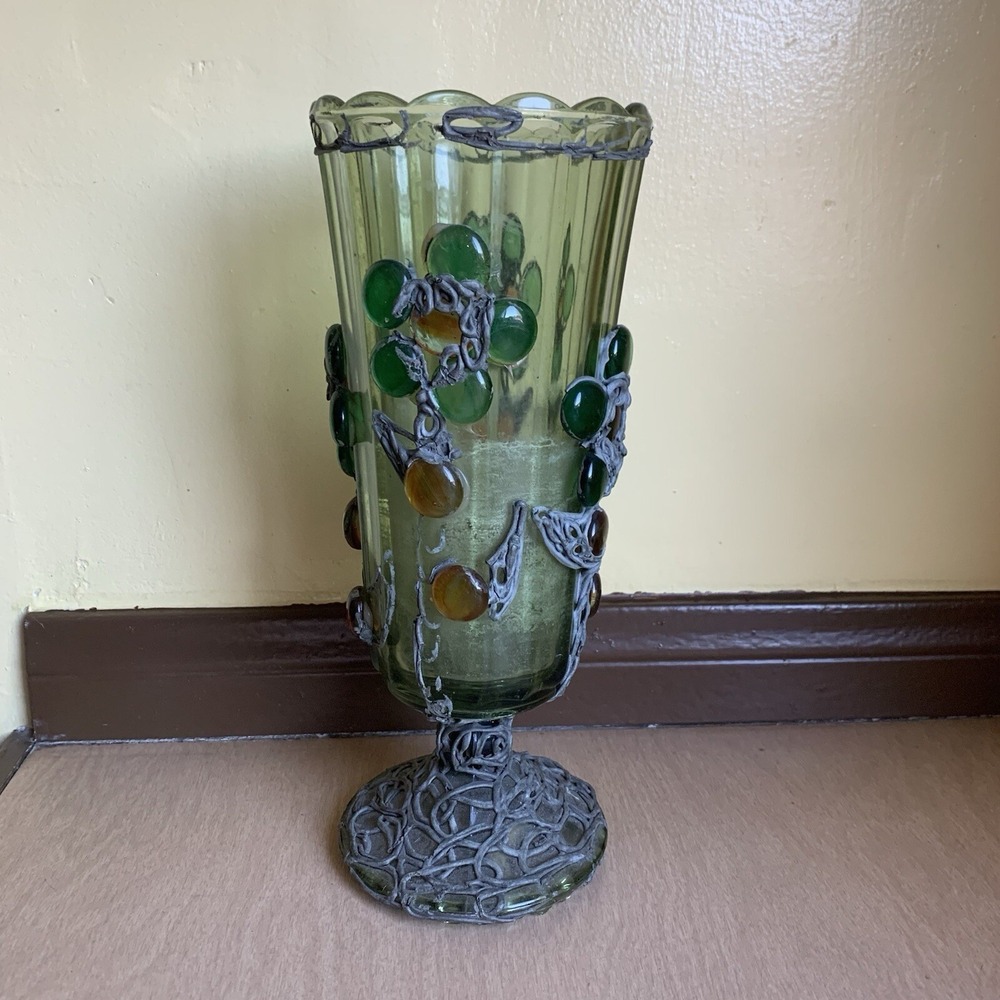 Bertino Original Glass Vase OS Green Vintage Metal Filigree Cabochon MCM *Pics*